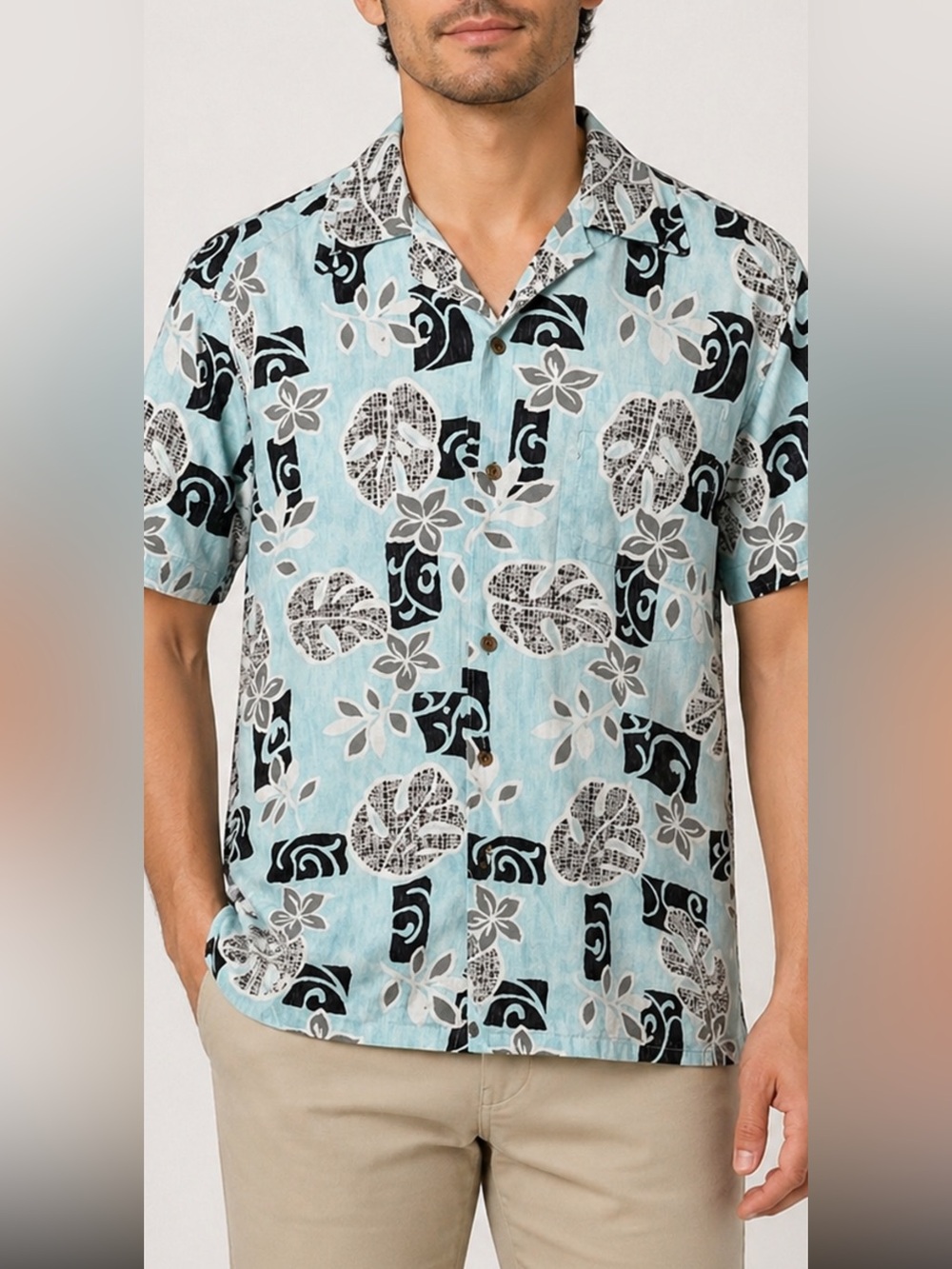 Go Barefoot Hawaiian Shirt Men’s L Blue Leaf Aloha USA Pocket